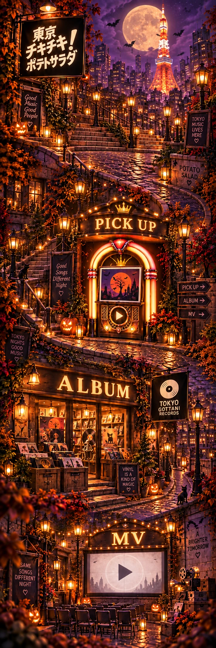 東京タワーが光るハロウィンの街。路地に沿ってジュークボックス、レコード店、映画館が並びます。